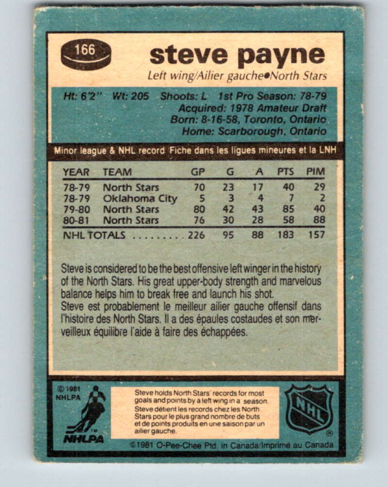 1981-82 O-Pee-Chee #166 Steve Payne  Minnesota North Stars  V30636