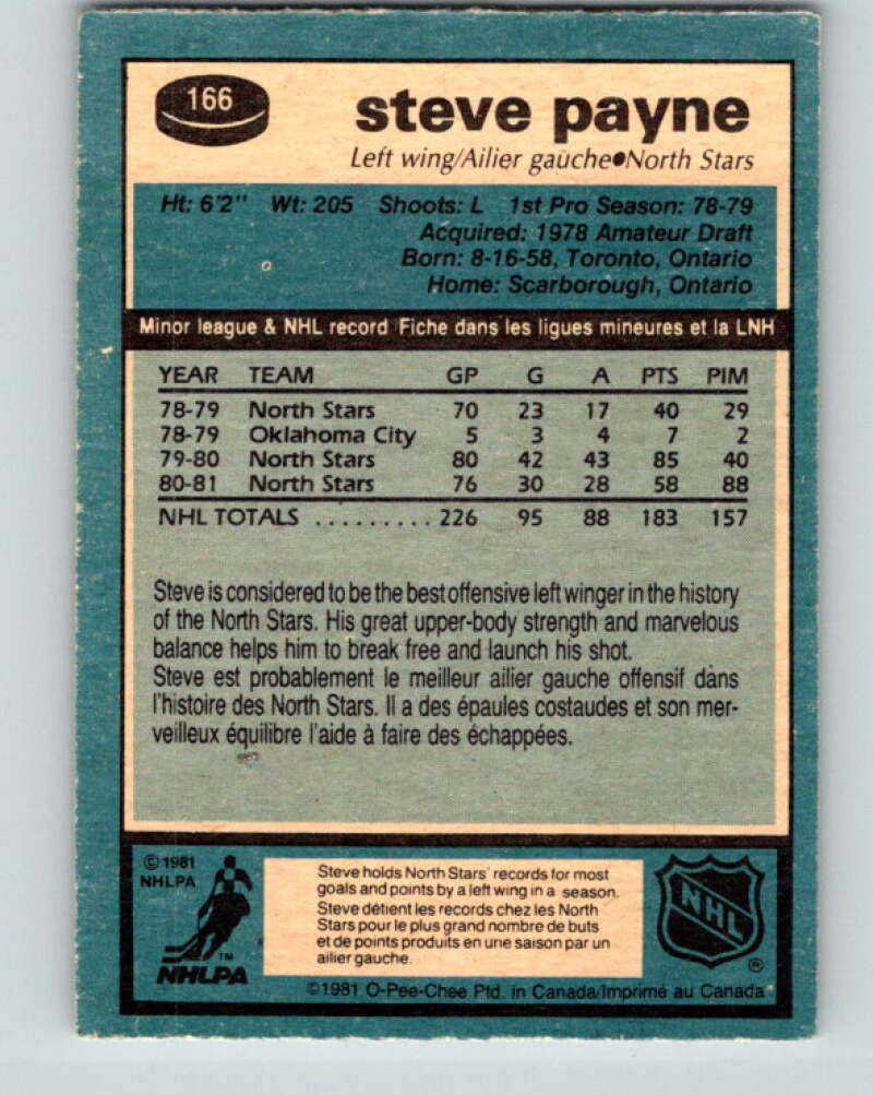1981-82 O-Pee-Chee #166 Steve Payne  Minnesota North Stars  V30638