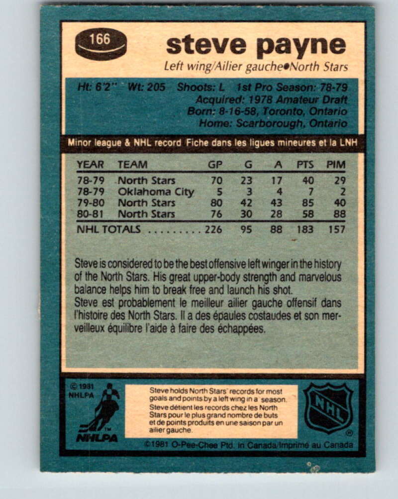 1981-82 O-Pee-Chee #166 Steve Payne  Minnesota North Stars  V30640