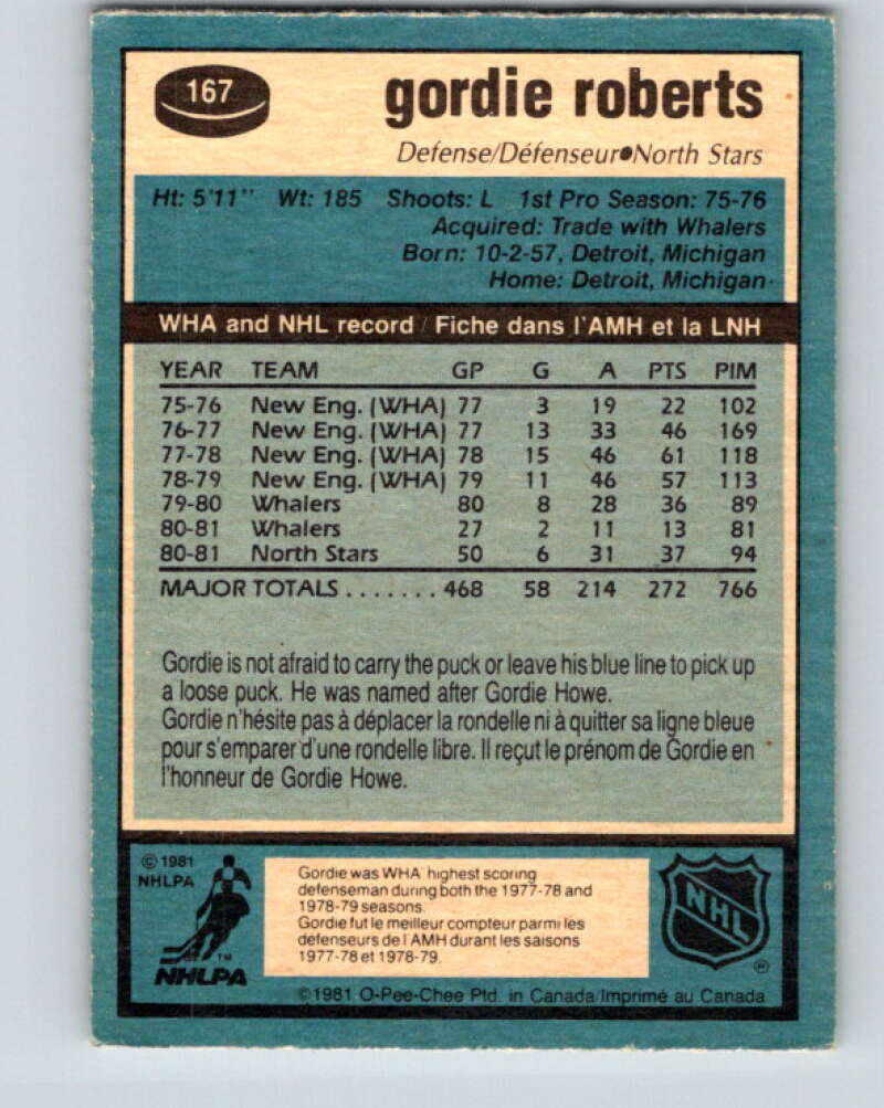 1981-82 O-Pee-Chee #167 Gordie Roberts  Minnesota North Stars  V30642
