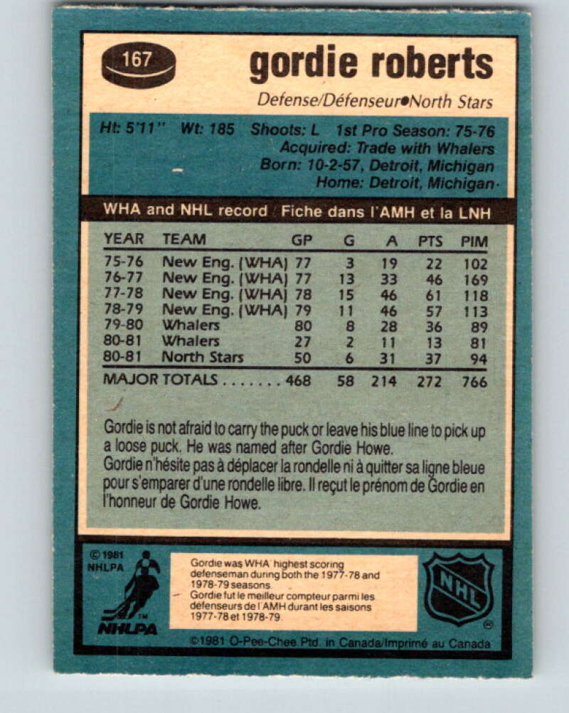 1981-82 O-Pee-Chee #167 Gordie Roberts  Minnesota North Stars  V30644