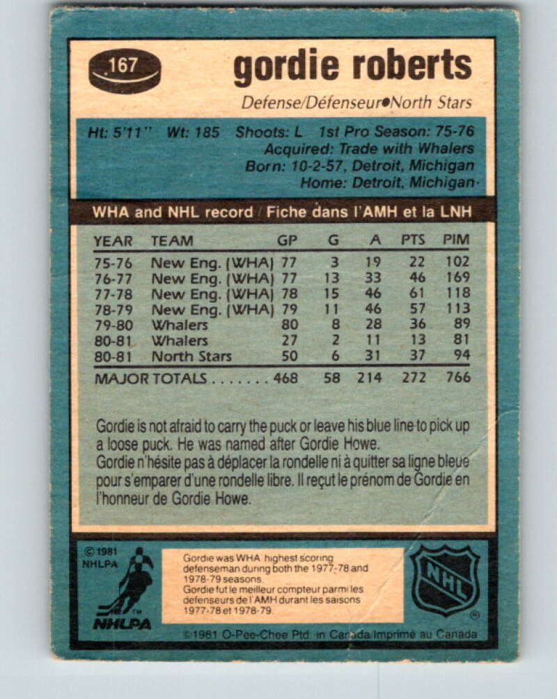 1981-82 O-Pee-Chee #167 Gordie Roberts  Minnesota North Stars  V30645