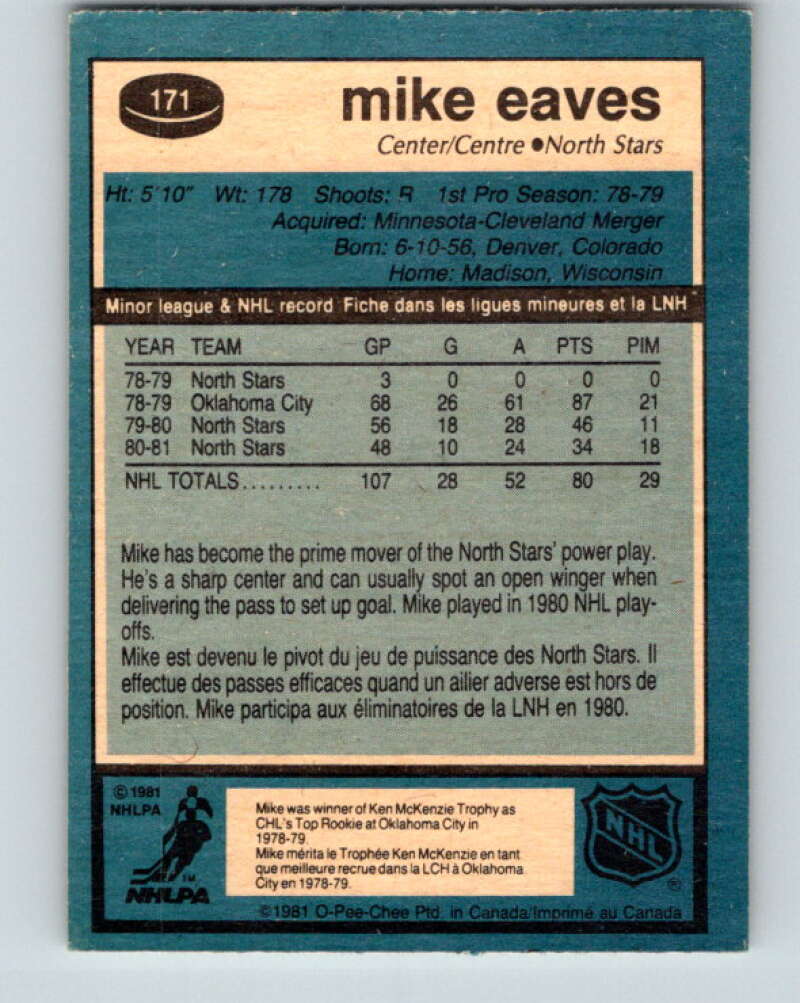 1981-82 O-Pee-Chee #171 Mike Eaves  Minnesota North Stars  V30671