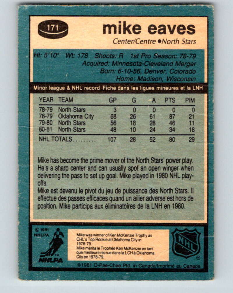 1981-82 O-Pee-Chee #171 Mike Eaves  Minnesota North Stars  V30676