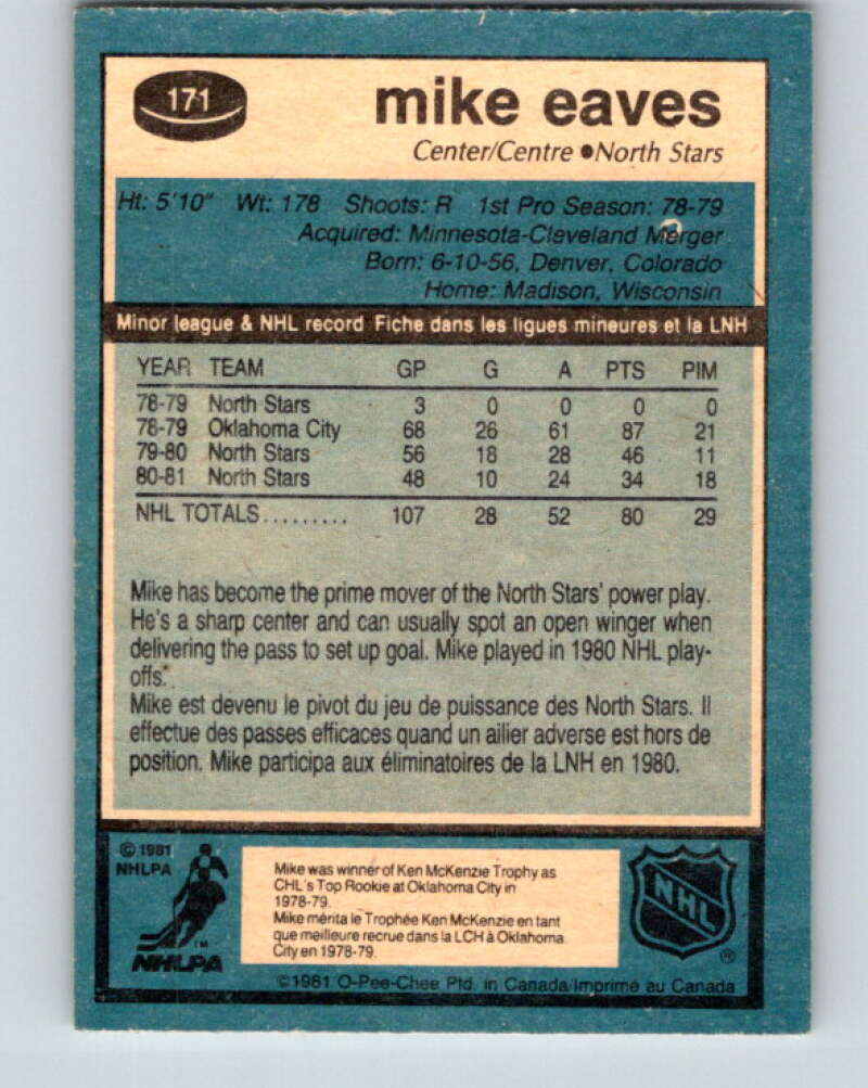 1981-82 O-Pee-Chee #171 Mike Eaves  Minnesota North Stars  V30677