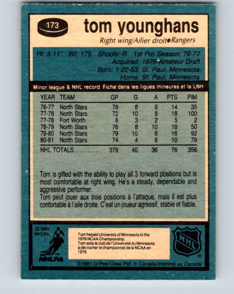 1981-82 O-Pee-Chee #173 Tom Younghans  New York Rangers  V30692