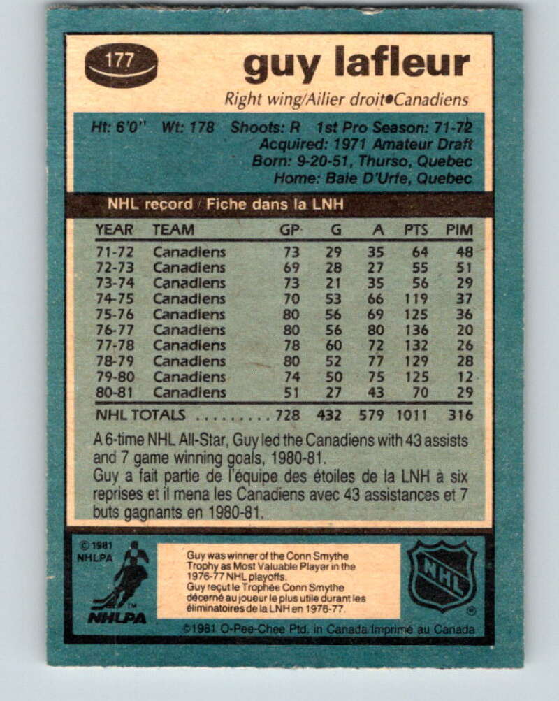 1981-82 O-Pee-Chee #177 Guy Lafleur  Montreal Canadiens  V30714