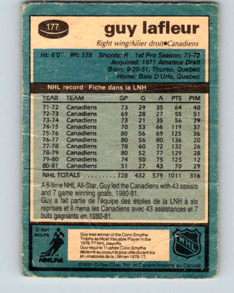 1981-82 O-Pee-Chee #177 Guy Lafleur  Montreal Canadiens  V30716