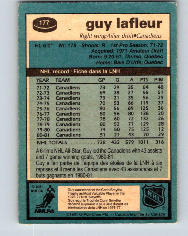 1981-82 O-Pee-Chee #177 Guy Lafleur  Montreal Canadiens  V30719