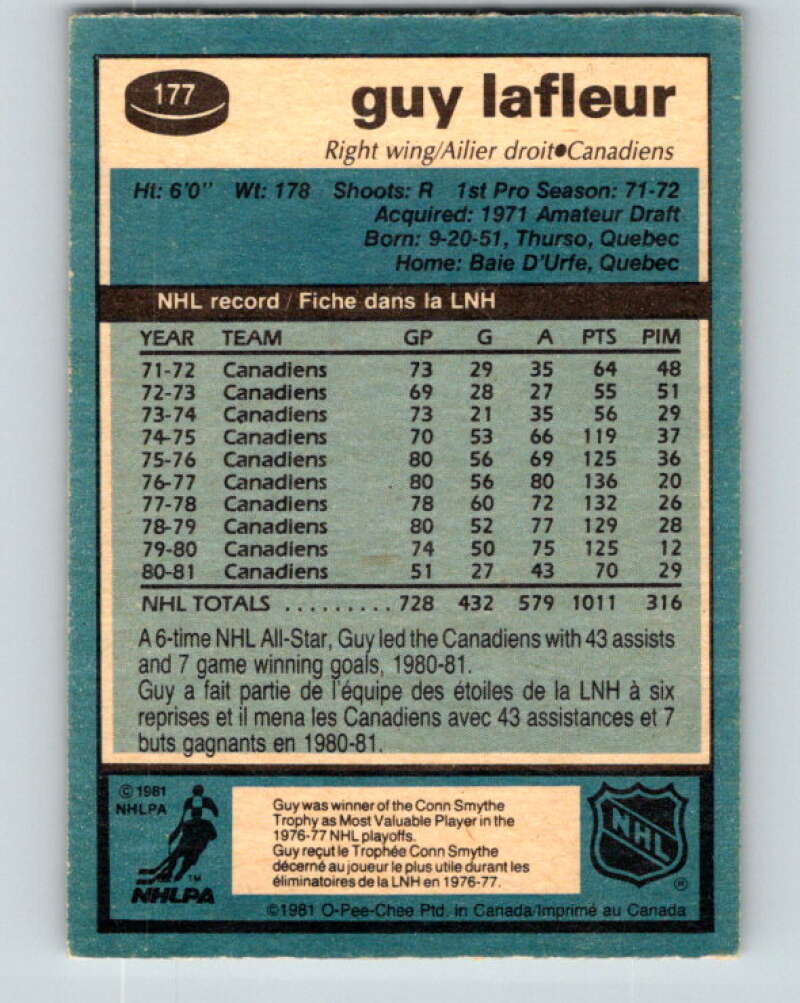 1981-82 O-Pee-Chee #177 Guy Lafleur  Montreal Canadiens  V30720