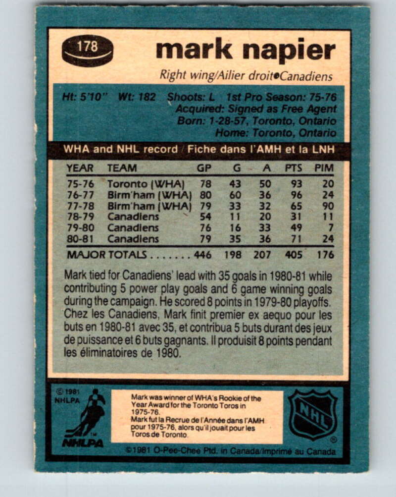 1981-82 O-Pee-Chee #178 Mark Napier  Montreal Canadiens  V30722