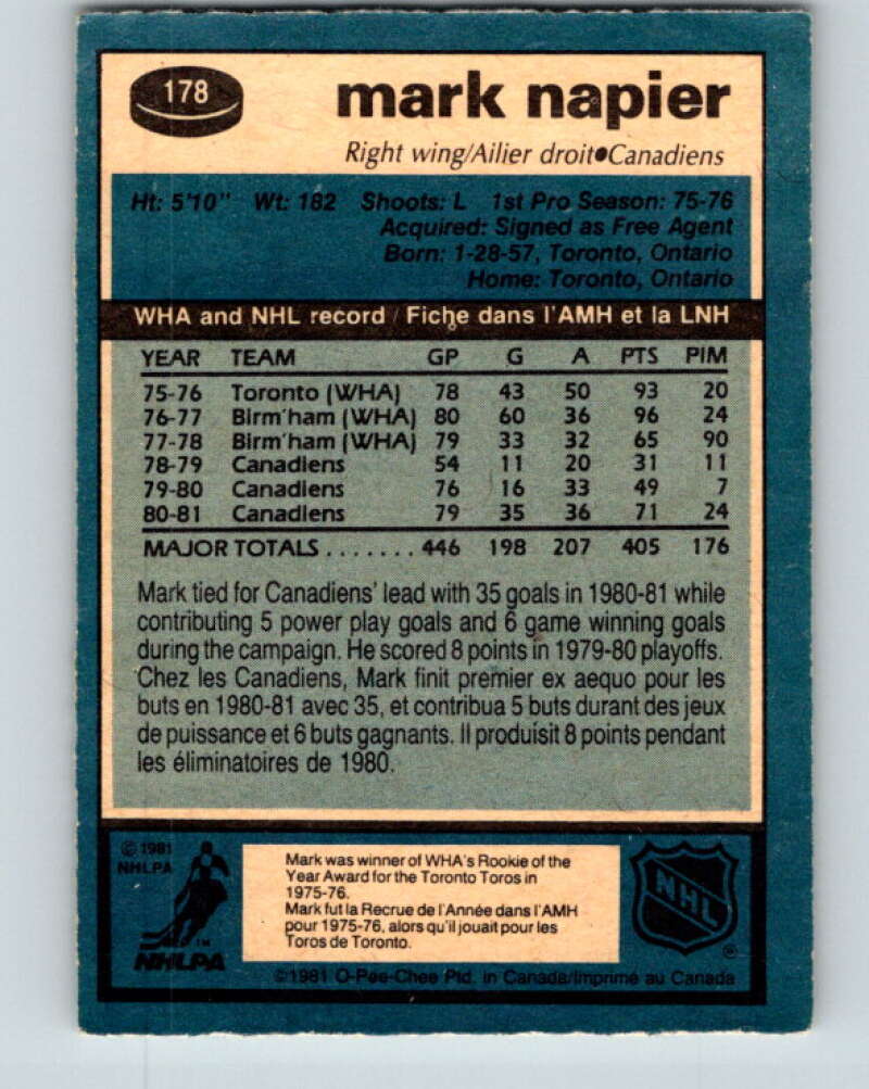 1981-82 O-Pee-Chee #178 Mark Napier  Montreal Canadiens  V30723