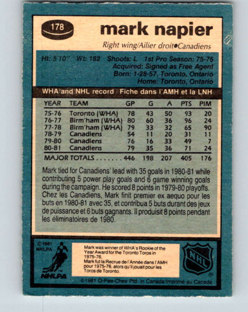 1981-82 O-Pee-Chee #178 Mark Napier  Montreal Canadiens  V30724