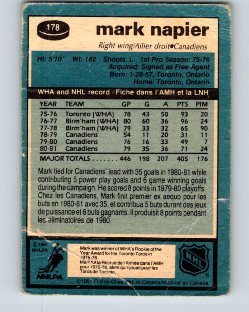 1981-82 O-Pee-Chee #178 Mark Napier  Montreal Canadiens  V30726