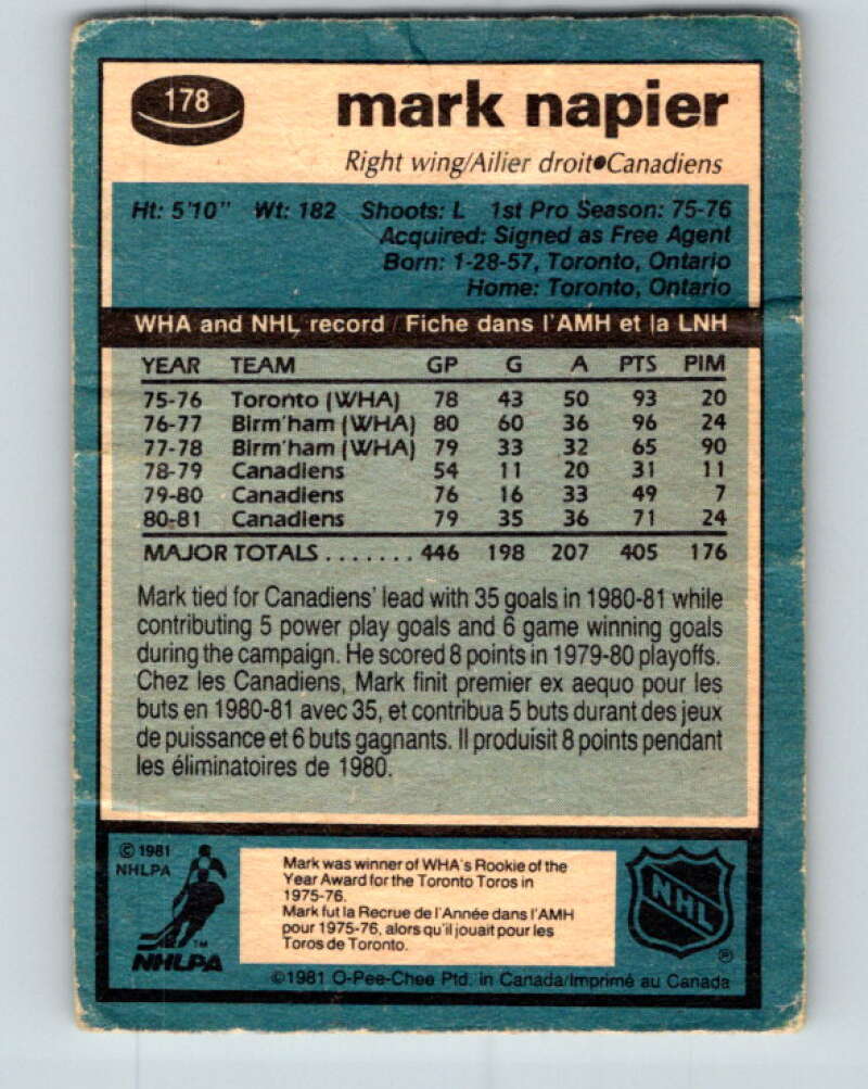 1981-82 O-Pee-Chee #178 Mark Napier  Montreal Canadiens  V30728