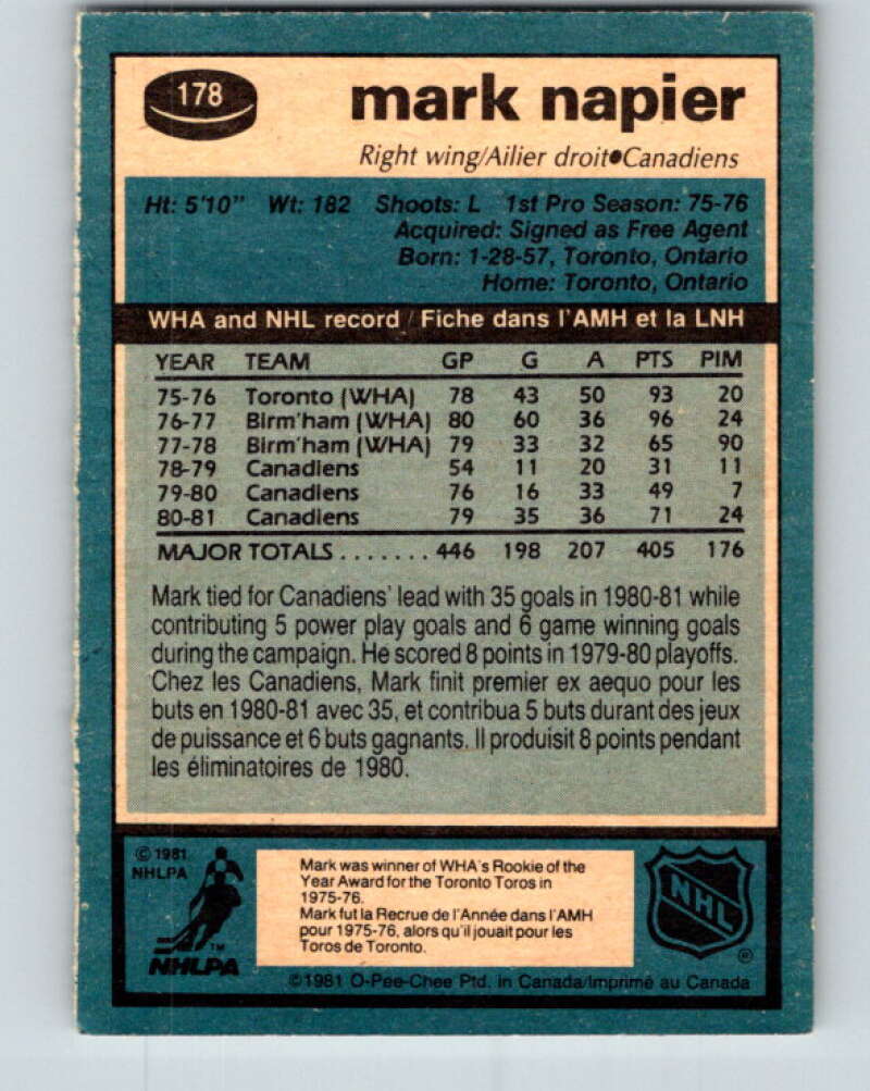 1981-82 O-Pee-Chee #178 Mark Napier  Montreal Canadiens  V30729