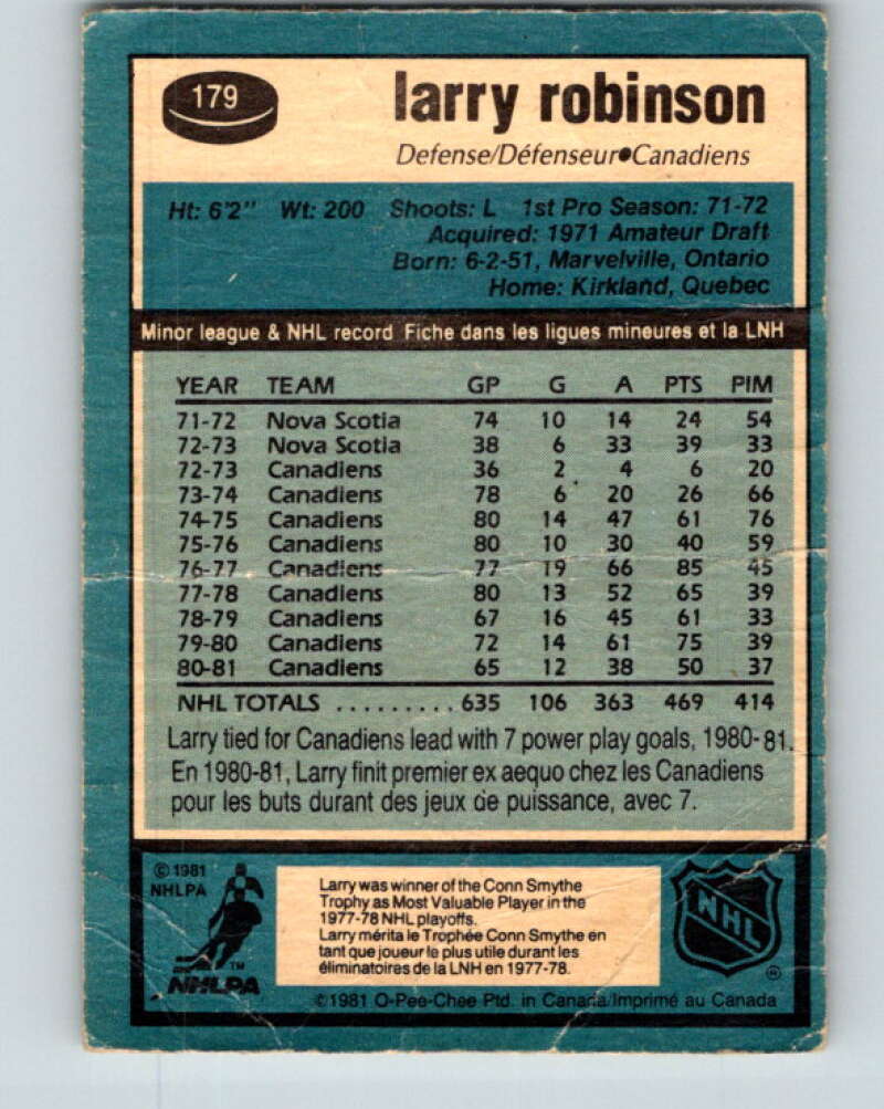 1981-82 O-Pee-Chee #179 Larry Robinson  Montreal Canadiens  V30733