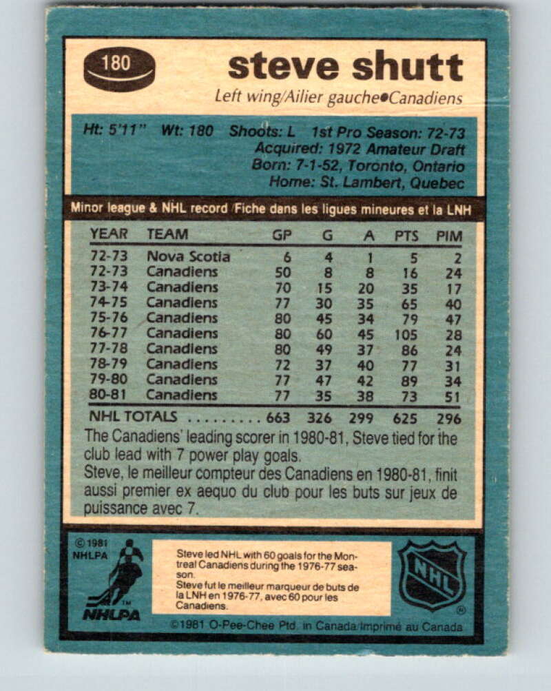 1981-82 O-Pee-Chee #180 Steve Shutt  Montreal Canadiens  V30736