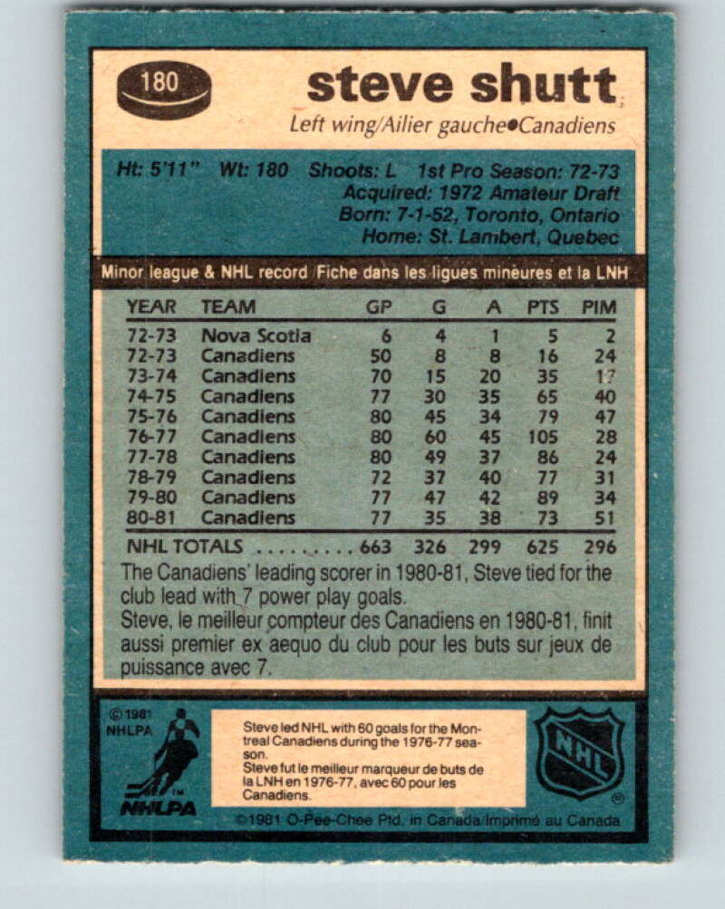 1981-82 O-Pee-Chee #180 Steve Shutt  Montreal Canadiens  V30737