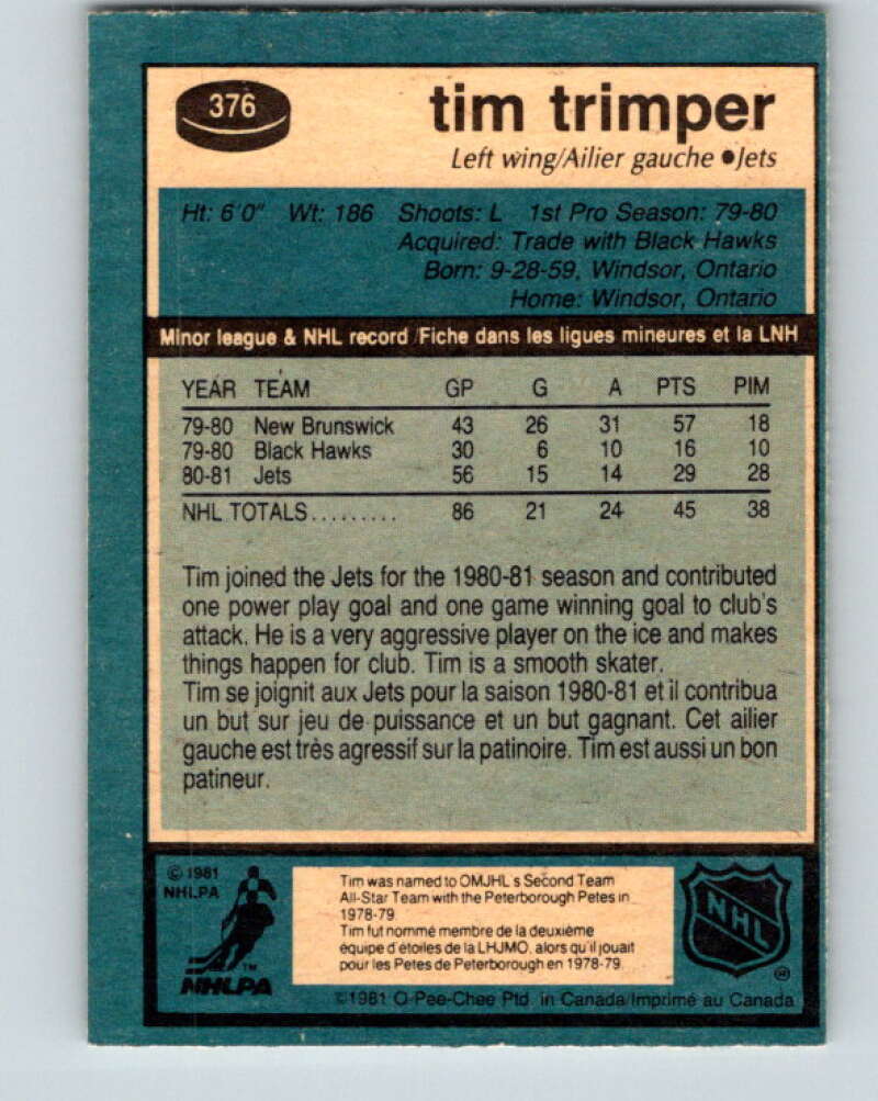 1981-82 O-Pee-Chee #376 Tim Trimper  Winnipeg Jets  V32161