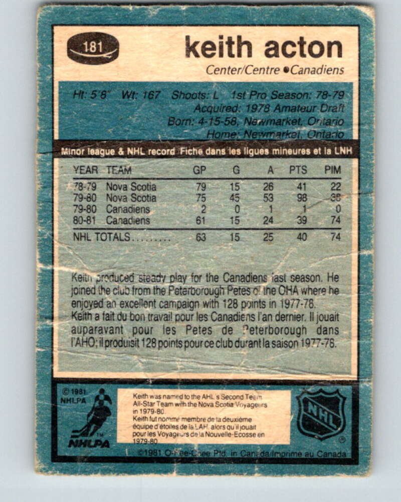 1981-82 O-Pee-Chee #181 Keith Acton  RC Rookie Montreal Canadiens  V30744