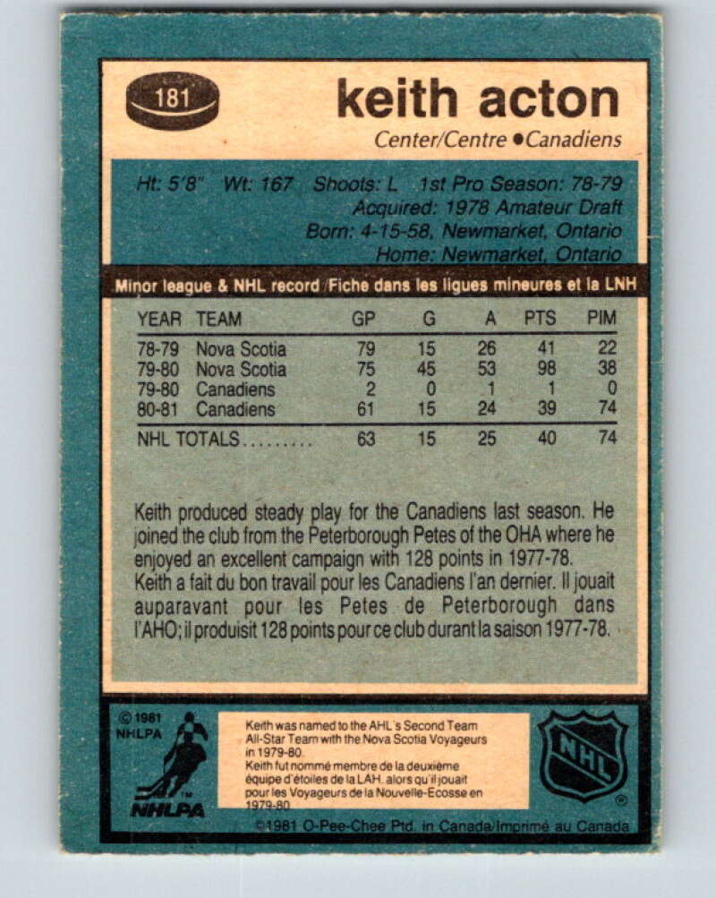 1981-82 O-Pee-Chee #181 Keith Acton  RC Rookie Montreal Canadiens  V30751