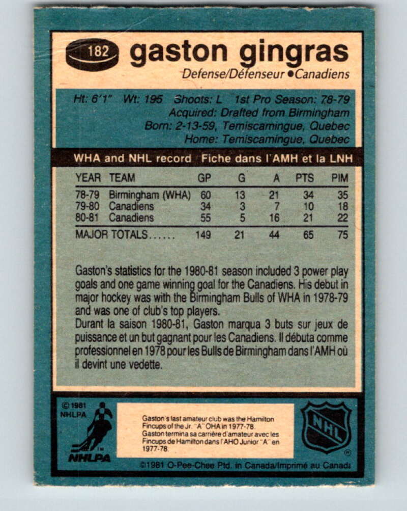 1981-82 O-Pee-Chee #182 Gaston Gingras  Montreal Canadiens  V30752