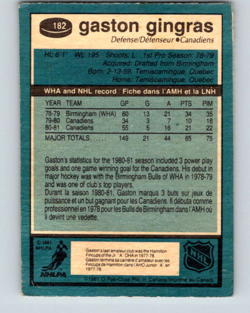 1981-82 O-Pee-Chee #182 Gaston Gingras  Montreal Canadiens  V30754