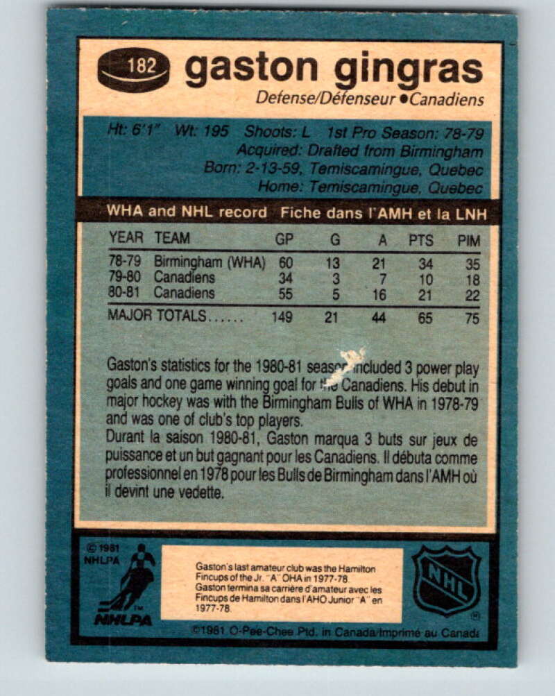 1981-82 O-Pee-Chee #182 Gaston Gingras  Montreal Canadiens  V30756