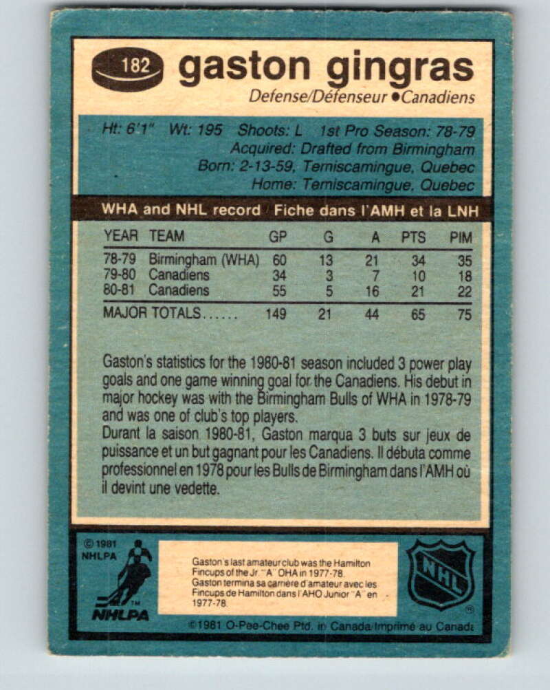 1981-82 O-Pee-Chee #182 Gaston Gingras  Montreal Canadiens  V30758