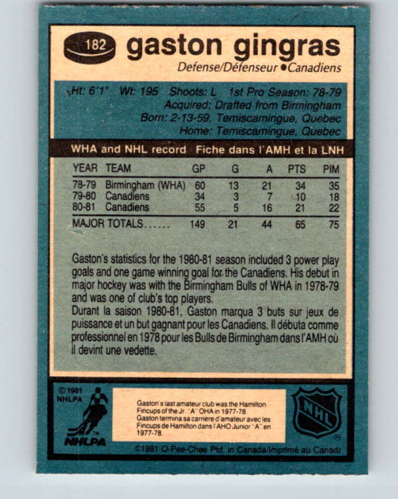 1981-82 O-Pee-Chee #182 Gaston Gingras  Montreal Canadiens  V30759