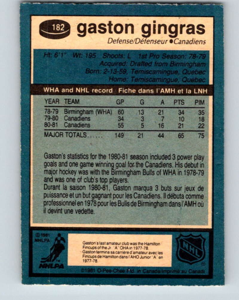 1981-82 O-Pee-Chee #182 Gaston Gingras  Montreal Canadiens  V30760