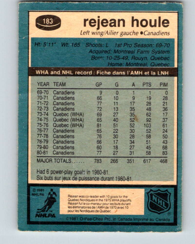 1981-82 O-Pee-Chee #183 Rejean Houle  Montreal Canadiens  V30769