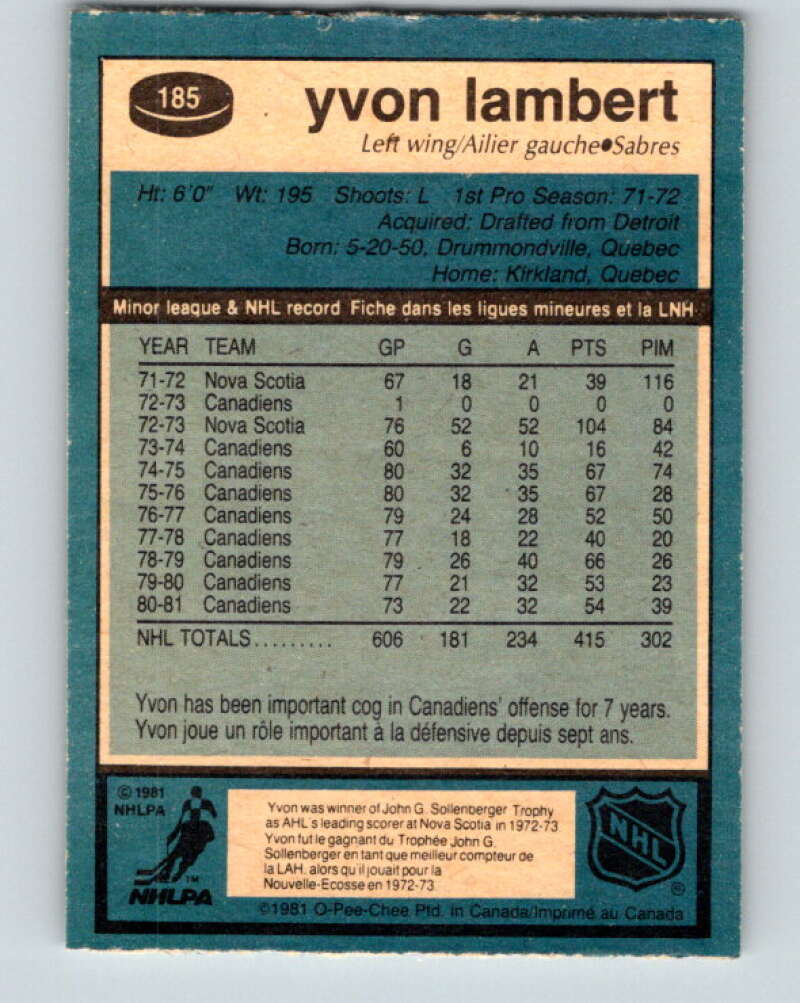 1981-82 O-Pee-Chee #185 Yvon Lambert  Montreal Canadiens  V30780