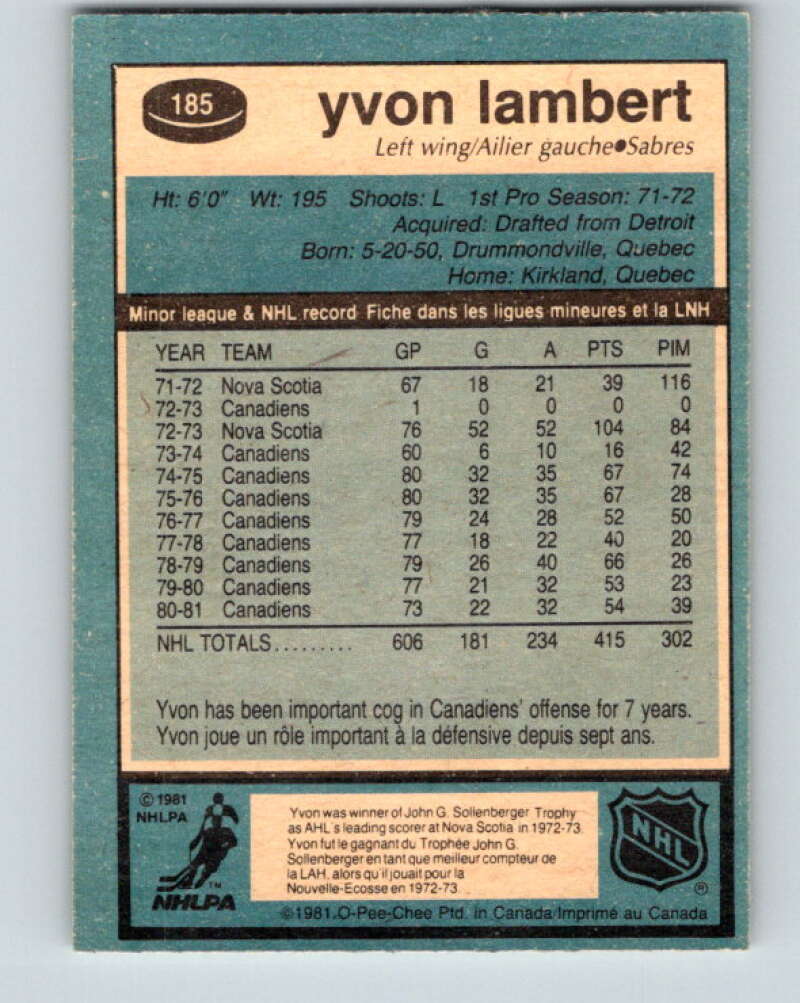 1981-82 O-Pee-Chee #185 Yvon Lambert  Montreal Canadiens  V30782