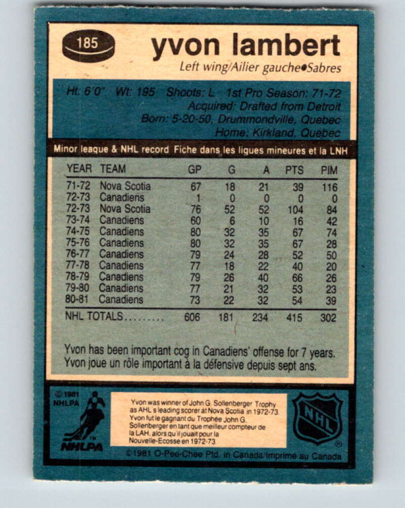 1981-82 O-Pee-Chee #185 Yvon Lambert  Montreal Canadiens  V30783