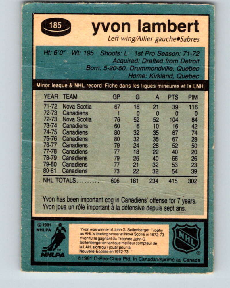 1981-82 O-Pee-Chee #185 Yvon Lambert  Montreal Canadiens  V30785