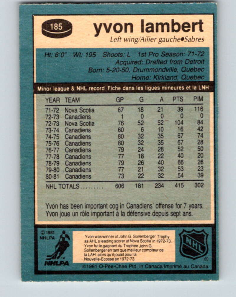 1981-82 O-Pee-Chee #185 Yvon Lambert  Montreal Canadiens  V30786