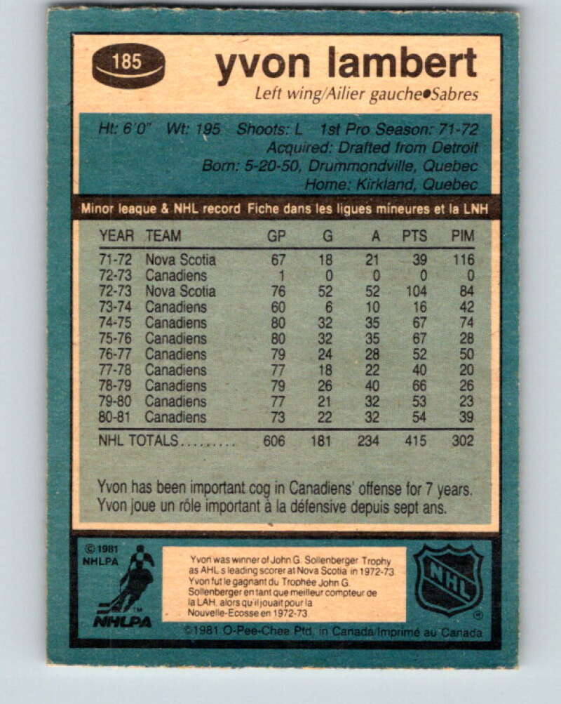 1981-82 O-Pee-Chee #185 Yvon Lambert  Montreal Canadiens  V30789