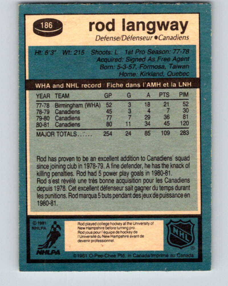 1981-82 O-Pee-Chee #186 Rod Langway  Montreal Canadiens  V30792