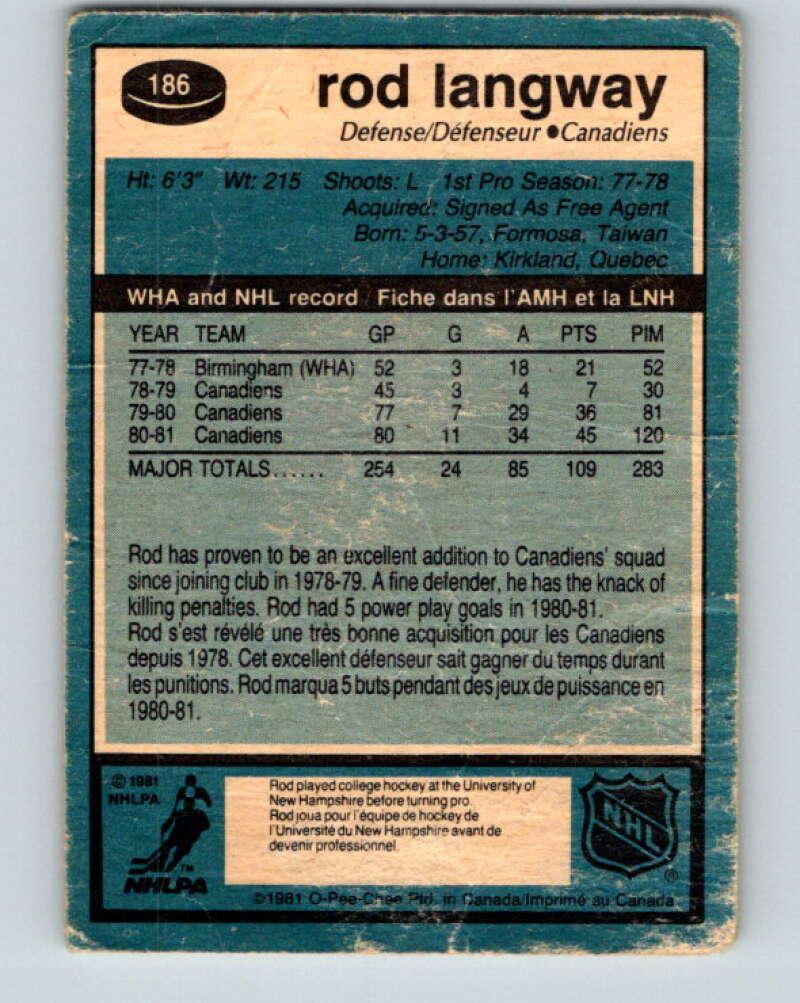 1981-82 O-Pee-Chee #186 Rod Langway  Montreal Canadiens  V30794