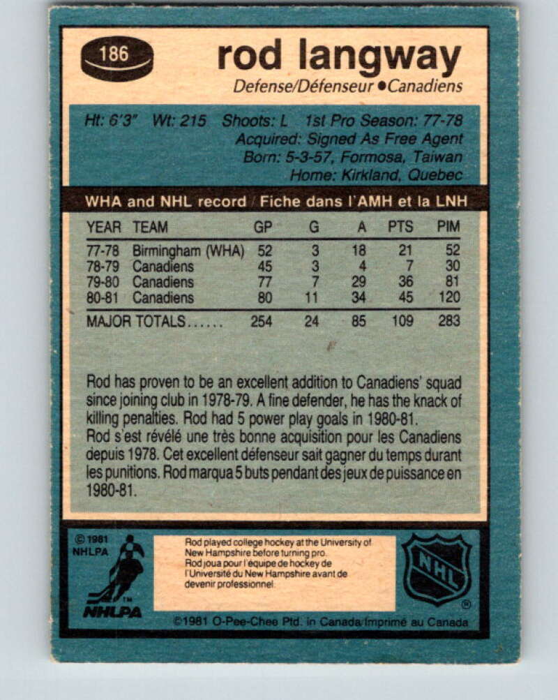 1981-82 O-Pee-Chee #186 Rod Langway  Montreal Canadiens  V30795