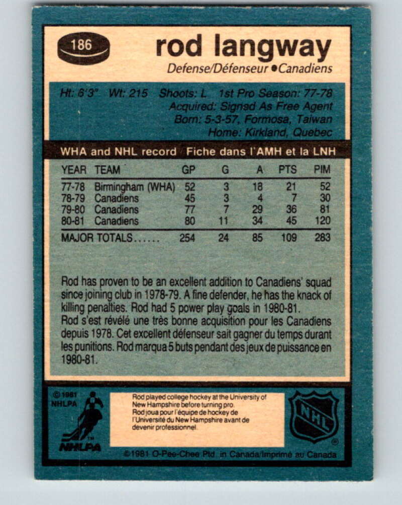 1981-82 O-Pee-Chee #186 Rod Langway  Montreal Canadiens  V30796