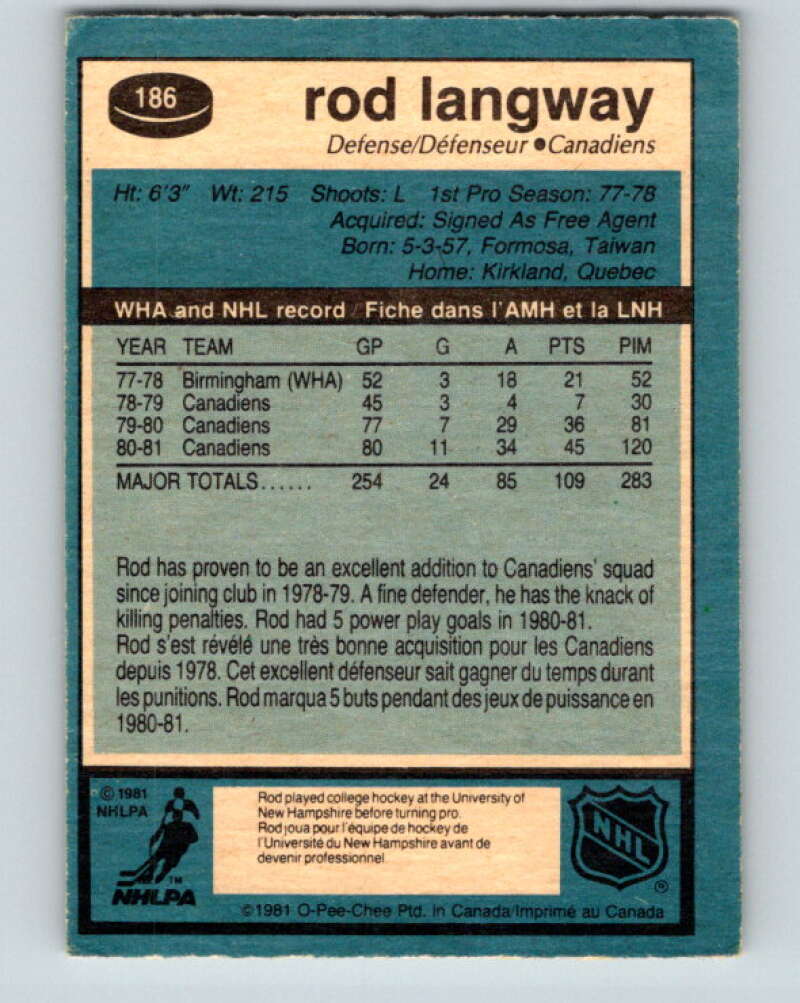 1981-82 O-Pee-Chee #186 Rod Langway  Montreal Canadiens  V30798