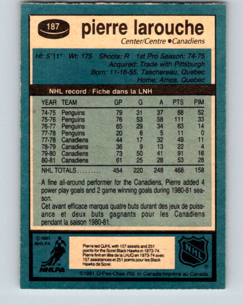 1981-82 O-Pee-Chee #187 Pierre Larouche  Montreal Canadiens  V30800