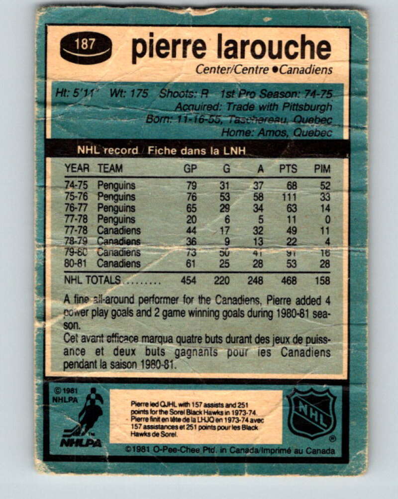 1981-82 O-Pee-Chee #187 Pierre Larouche  Montreal Canadiens  V30803