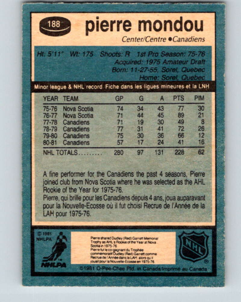 1981-82 O-Pee-Chee #188 Pierre Mondou  Montreal Canadiens  V30808