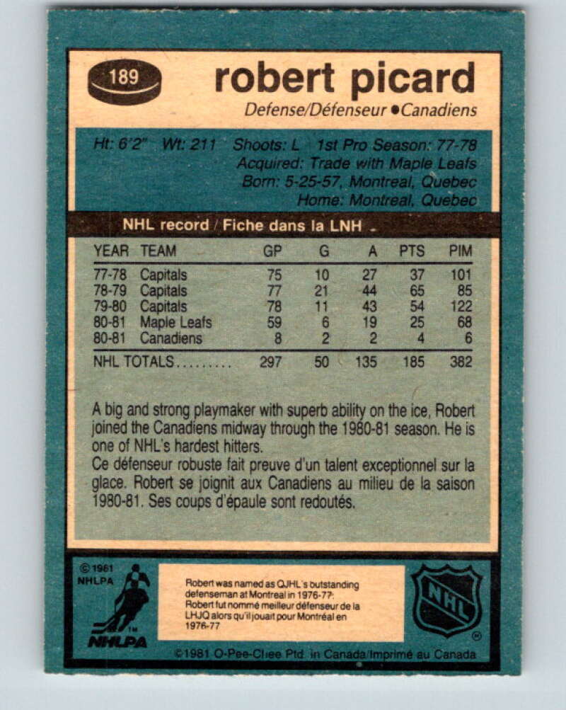 1981-82 O-Pee-Chee #189 Robert Picard  Montreal Canadiens  V30815