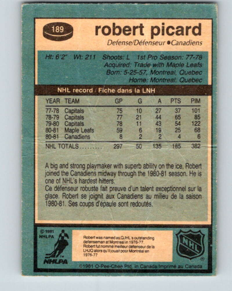 1981-82 O-Pee-Chee #189 Robert Picard  Montreal Canadiens  V30818