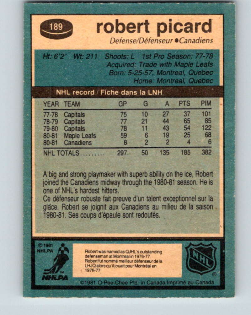 1981-82 O-Pee-Chee #189 Robert Picard  Montreal Canadiens  V30819